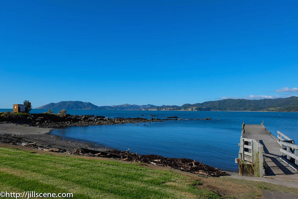 The wharf at Waihau Bay. Cape Runaway is in the far distance.