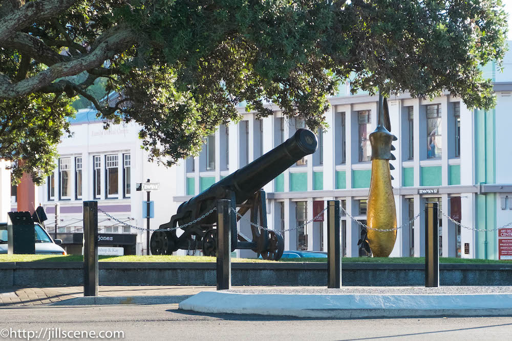 Old navy canon and a kowhai flower, Marine Parade, Napier http://jillscene.com Old navy canon and a kowhai flower, Marine Parade, Napier