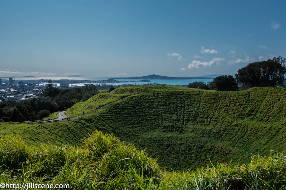 Looking across the crater of Mount Eden to Rangitoto Island